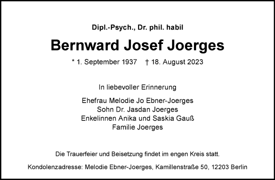 Traueranzeige von Bernward Josef Joerges von Tagesspiegel