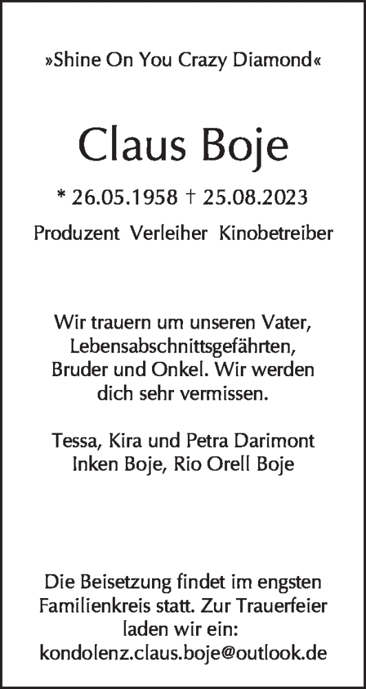  Traueranzeige für Claus Boje vom 03.09.2023 aus Tagesspiegel