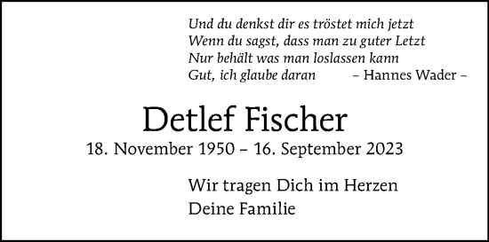 Traueranzeige von Detlef Fischer von Tagesspiegel