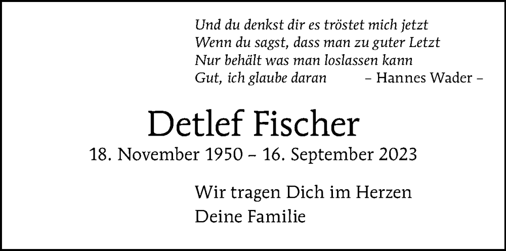  Traueranzeige für Detlef Fischer vom 24.09.2023 aus Tagesspiegel