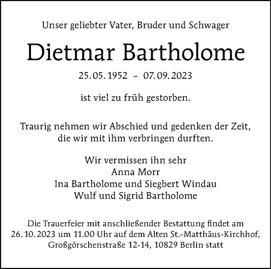 Traueranzeige von Dietmar Bartholome von Tagesspiegel