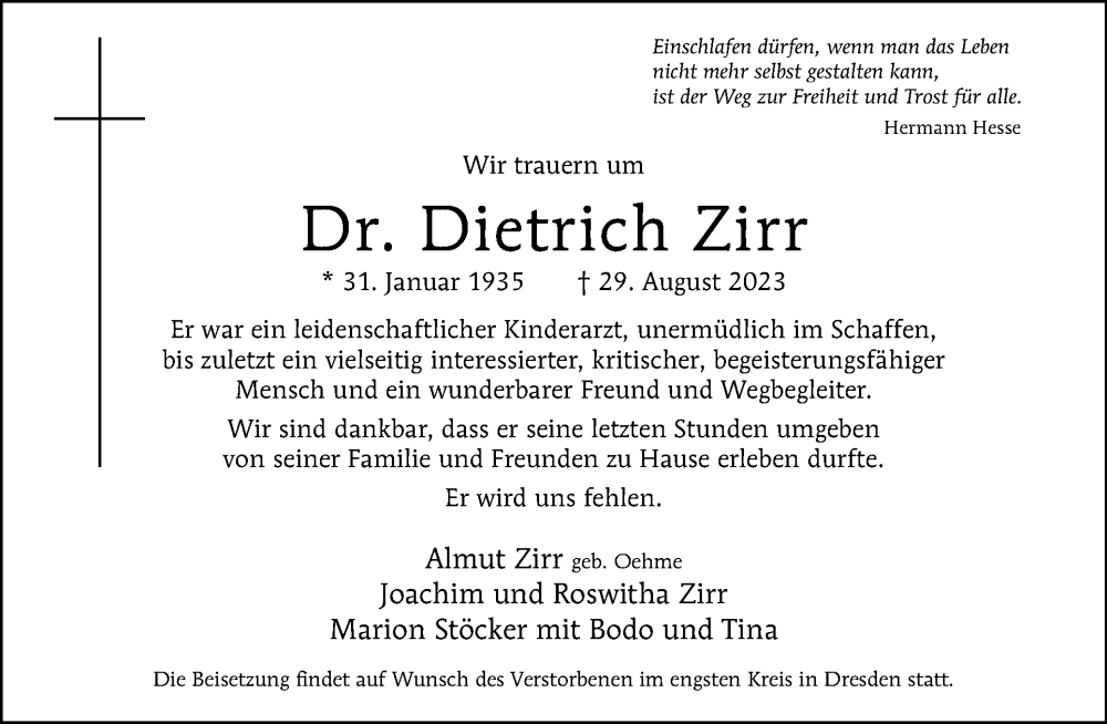  Traueranzeige für Dietrich Zirr vom 10.09.2023 aus Tagesspiegel