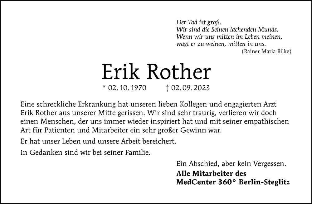  Traueranzeige für Erik Rother vom 10.09.2023 aus Tagesspiegel
