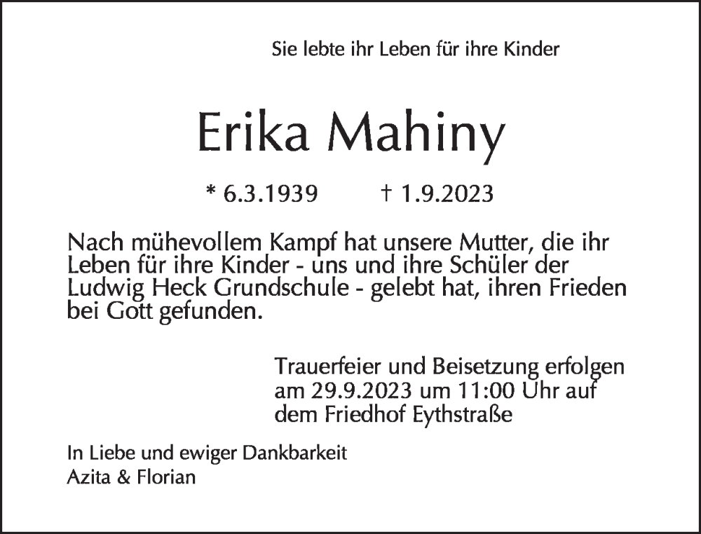  Traueranzeige für Erika Mahiny vom 17.09.2023 aus Tagesspiegel