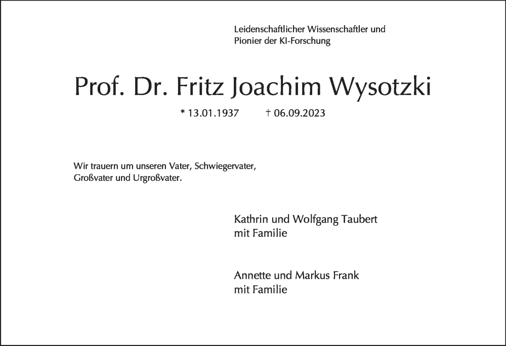  Traueranzeige für Fritz Joachim Wysotzki vom 10.09.2023 aus Tagesspiegel