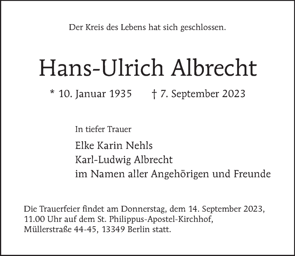  Traueranzeige für Hans-Ulrich Albrecht vom 10.09.2023 aus Tagesspiegel