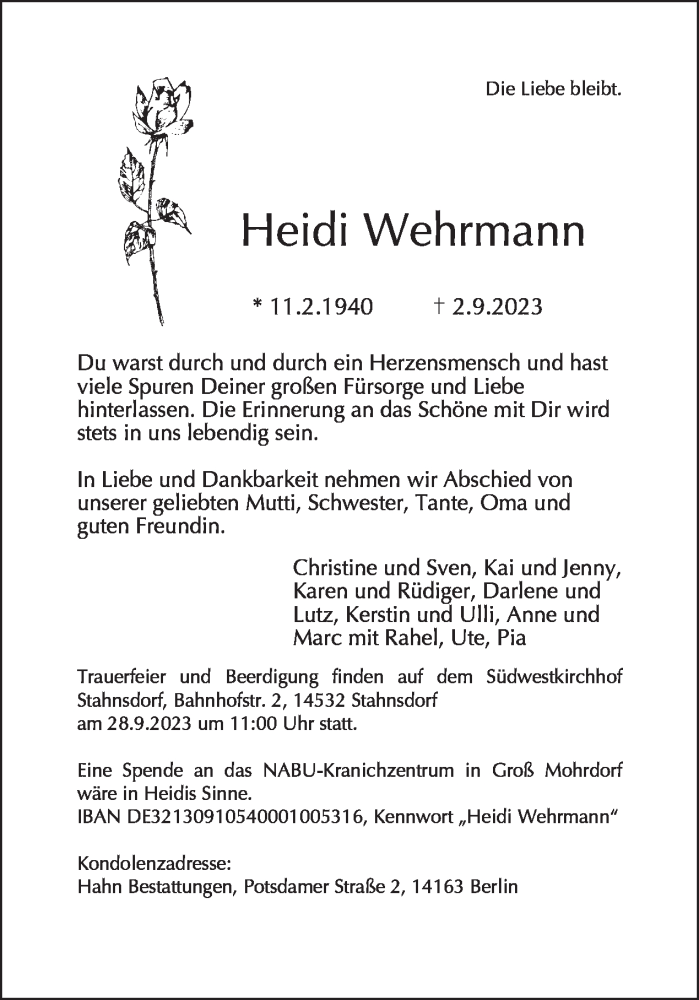  Traueranzeige für Heidi Wehrmann vom 10.09.2023 aus Tagesspiegel