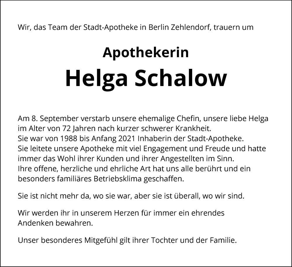  Traueranzeige für Helga Schalow vom 17.09.2023 aus Tagesspiegel