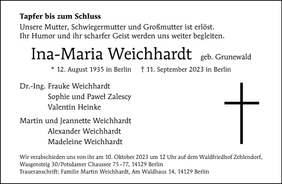 Traueranzeige von Ina-Maria Weichhardt von Tagesspiegel