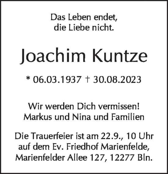 Traueranzeige von Joachim Kuntze von Tagesspiegel