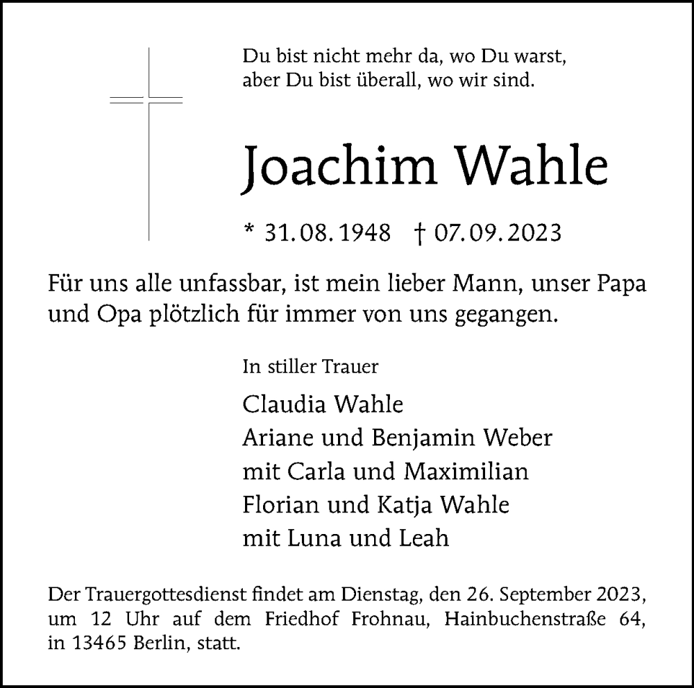  Traueranzeige für Joachim Wahle vom 17.09.2023 aus Tagesspiegel