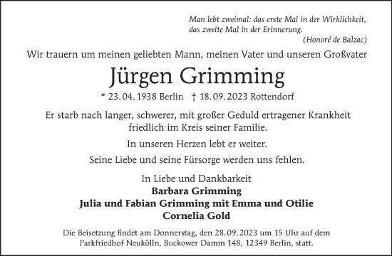 Traueranzeige von Jürgen Grimming von Tagesspiegel
