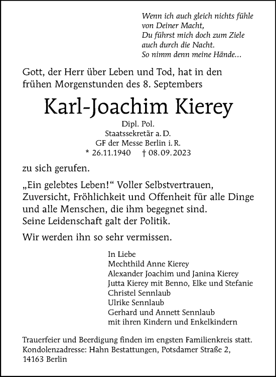 Traueranzeige von Karl-Joachim Kierey von Tagesspiegel