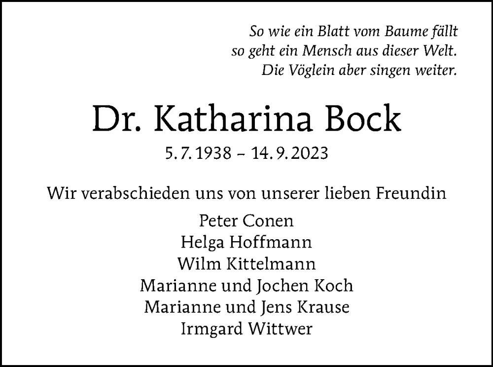  Traueranzeige für Katharina Bock vom 24.09.2023 aus Tagesspiegel