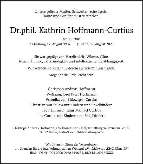 Traueranzeige von Kathrin Hoffmann-Curtius von Tagesspiegel
