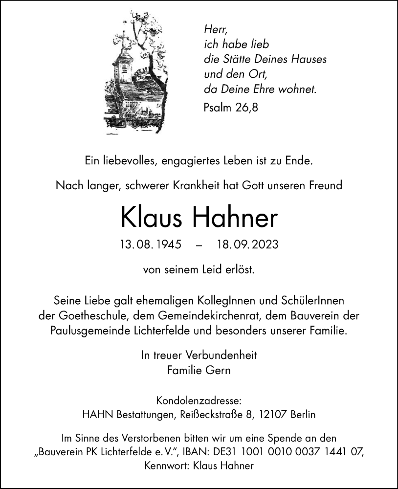  Traueranzeige für Klaus Hahner vom 24.09.2023 aus Tagesspiegel