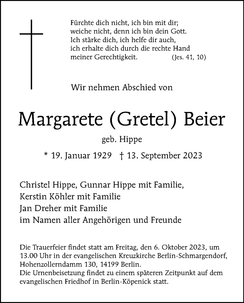  Traueranzeige für Margarete  Beier vom 24.09.2023 aus Tagesspiegel