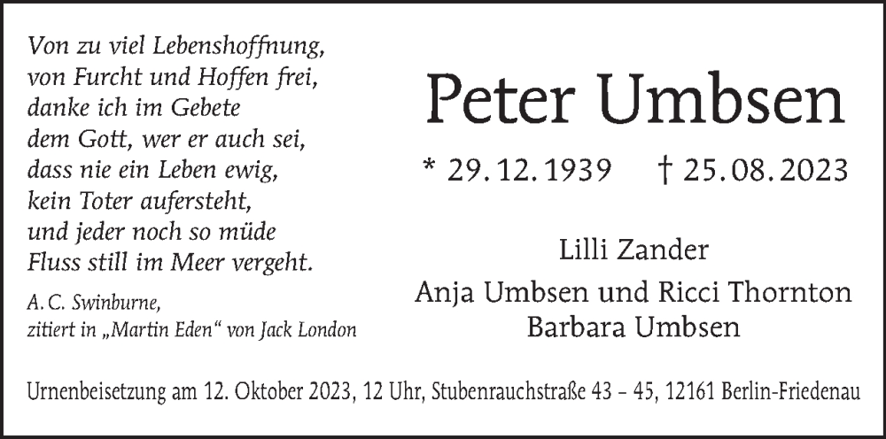  Traueranzeige für Peter Umbsen vom 10.09.2023 aus Tagesspiegel