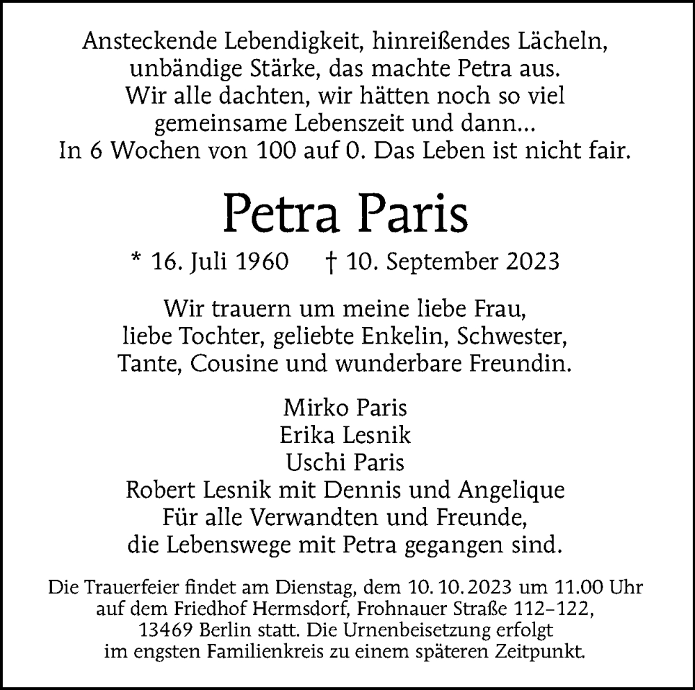  Traueranzeige für Petra Paris vom 17.09.2023 aus Tagesspiegel