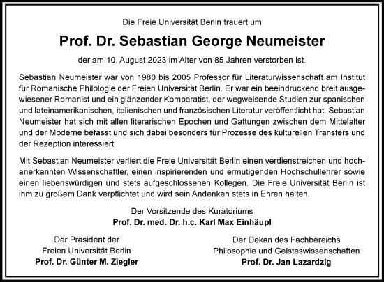 Traueranzeige von Sebastian George Neumeister von Tagesspiegel