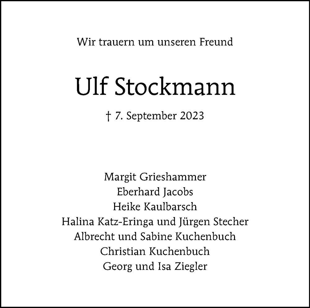  Traueranzeige für Ulf Stockmann vom 17.09.2023 aus Tagesspiegel
