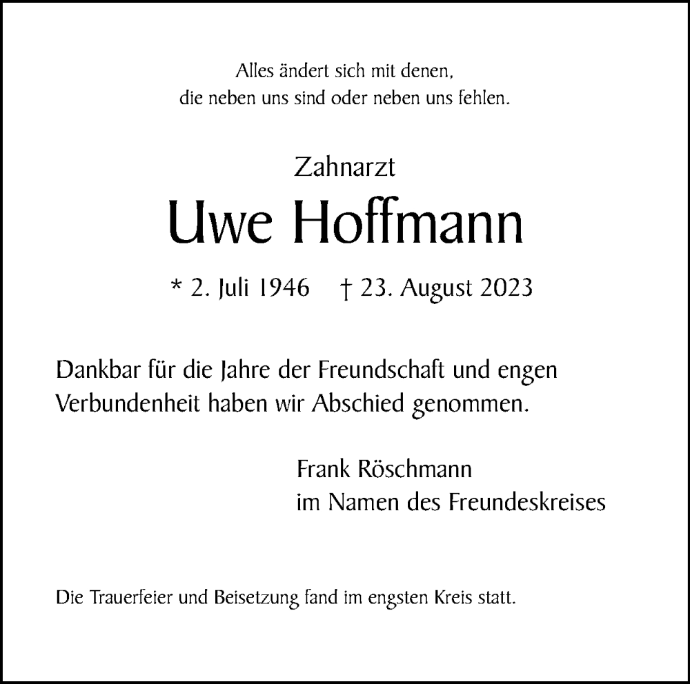 Traueranzeige für Uwe Hoffmann vom 24.09.2023 aus Tagesspiegel