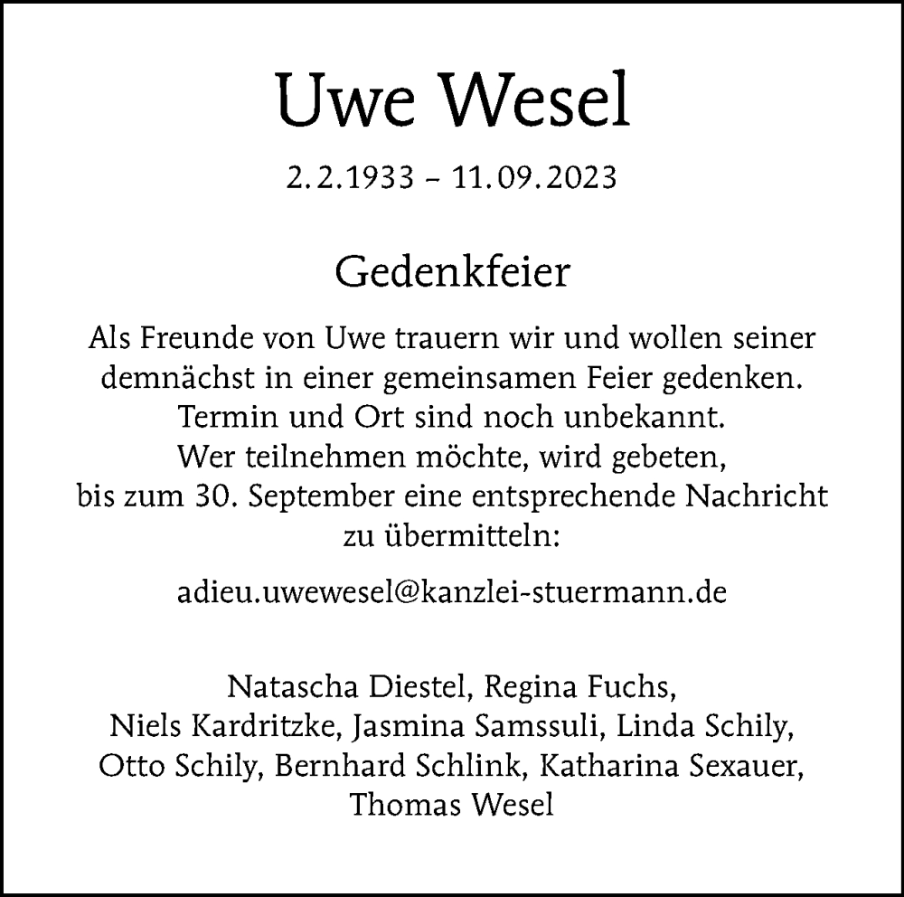  Traueranzeige für Uwe Wesel vom 17.09.2023 aus Tagesspiegel
