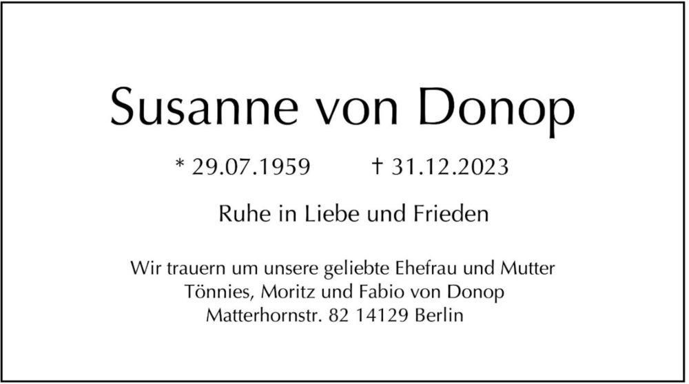  Traueranzeige für Susanne von Donop vom 14.01.2024 aus Tagesspiegel