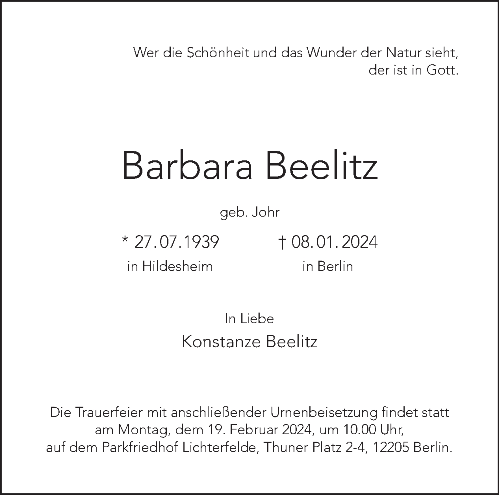  Traueranzeige für Barbara Beelitz vom 28.01.2024 aus Tagesspiegel