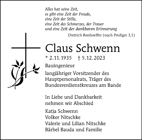 Traueranzeige von Claus Schwenn von Tagesspiegel