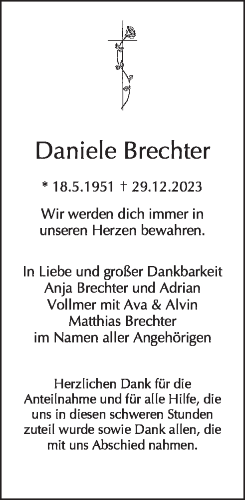  Traueranzeige für Daniele Brechter vom 28.01.2024 aus Tagesspiegel