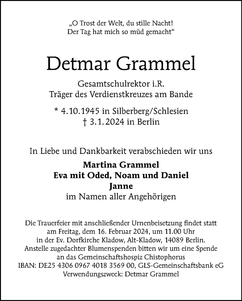  Traueranzeige für Detmar Grammel vom 14.01.2024 aus Tagesspiegel
