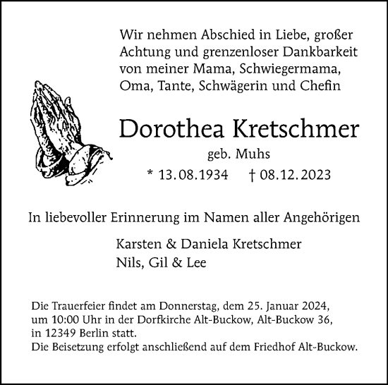 Traueranzeige von Dorothea Kretschmer von Tagesspiegel