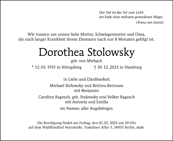 Traueranzeige von Dorothea Stolowsky von Tagesspiegel