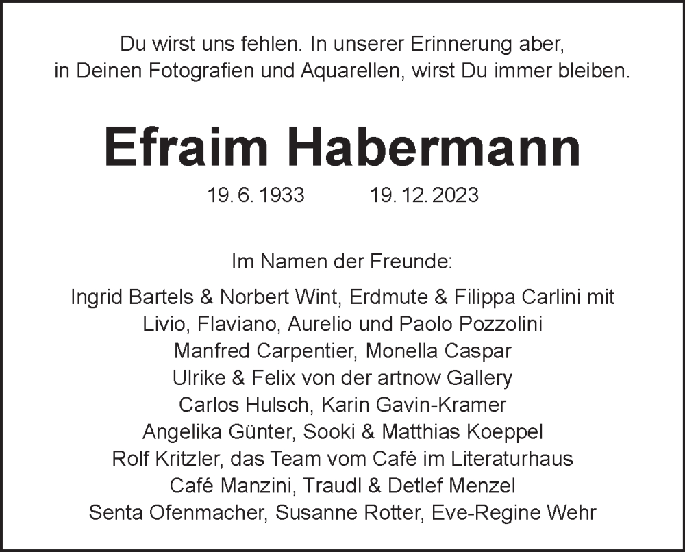  Traueranzeige für Efraim Habermann vom 14.01.2024 aus Tagesspiegel