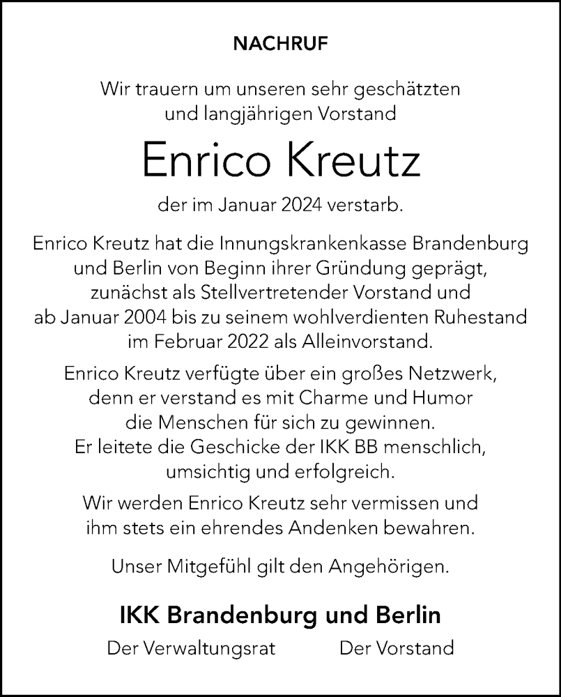  Traueranzeige für Enrico Kreutz vom 14.01.2024 aus Tagesspiegel