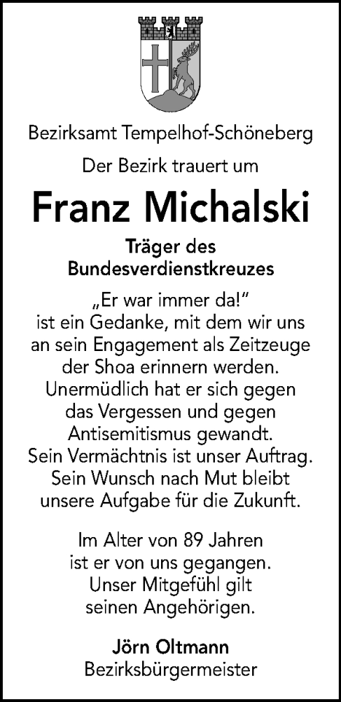 Traueranzeigen Von Franz Michalski Tagesspiegel Trauer