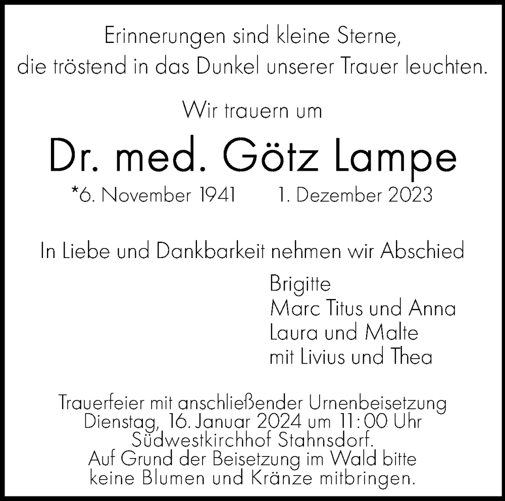  Traueranzeige für Götz Lampe vom 07.01.2024 aus Tagesspiegel