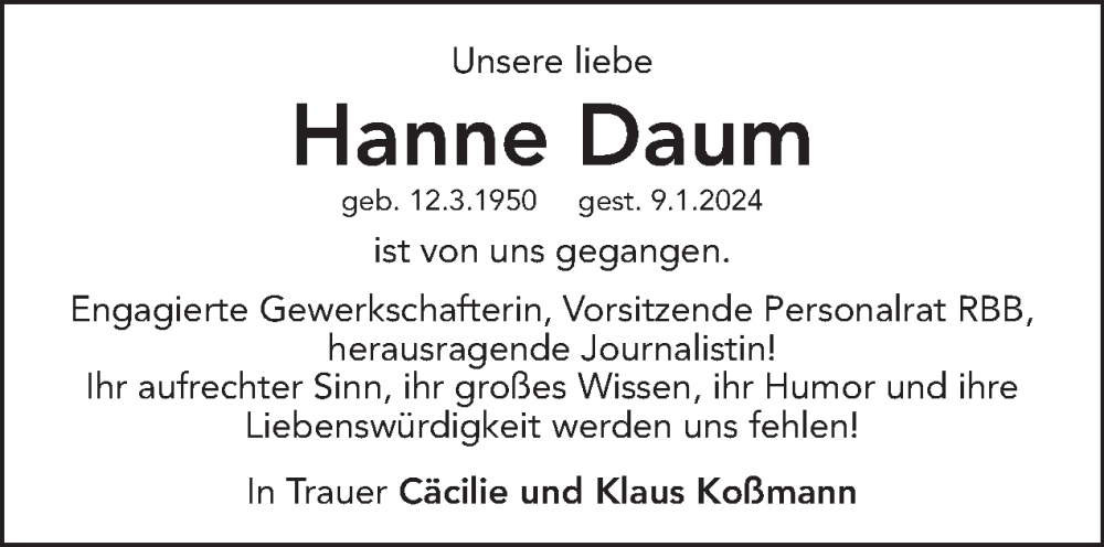  Traueranzeige für Hanne Daum vom 21.01.2024 aus Tagesspiegel