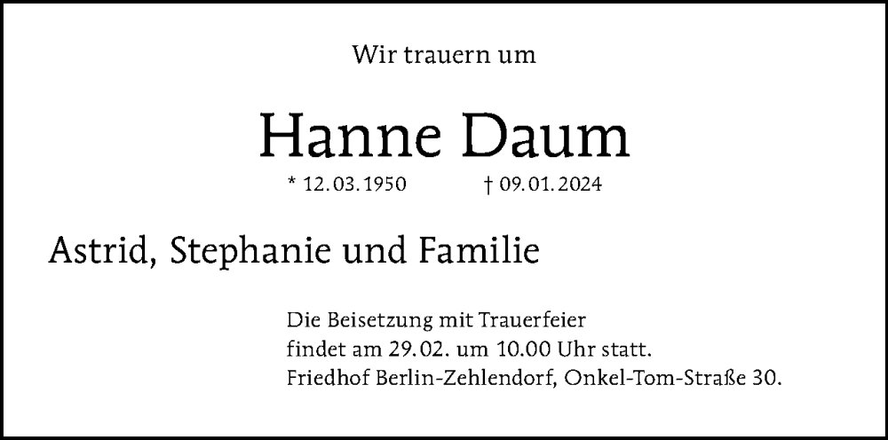  Traueranzeige für Hanne Daum vom 21.01.2024 aus Tagesspiegel