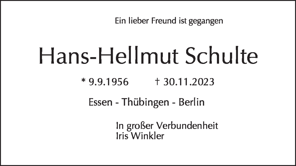  Traueranzeige für Hans-Hellmut Schulte vom 21.01.2024 aus Tagesspiegel