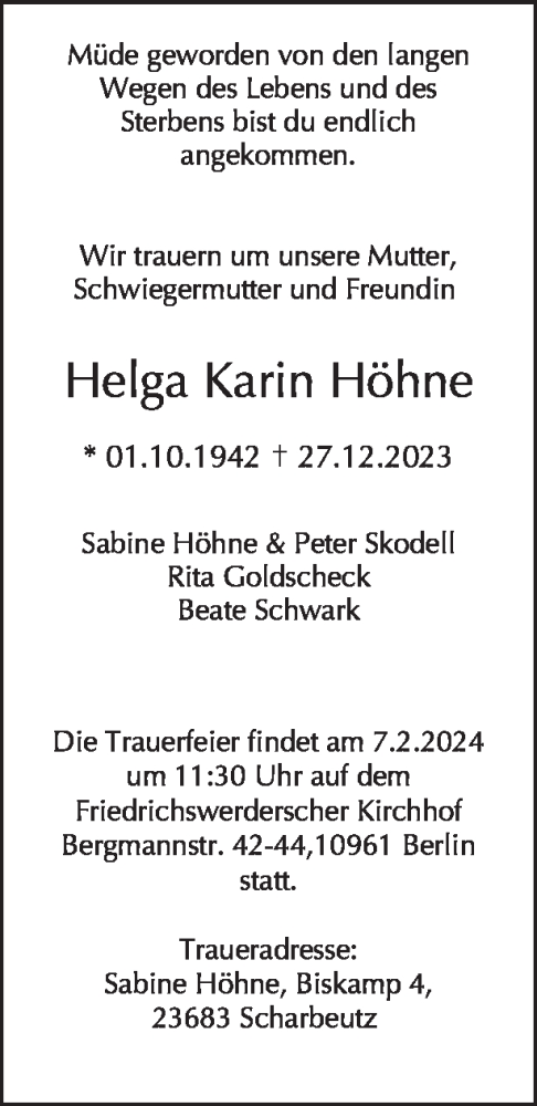  Traueranzeige für Helga Karin Höhne vom 28.01.2024 aus Tagesspiegel