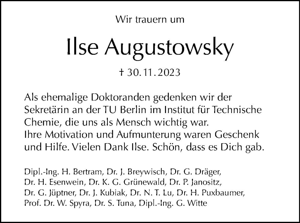  Traueranzeige für Ilse Augustowsky vom 07.01.2024 aus Tagesspiegel