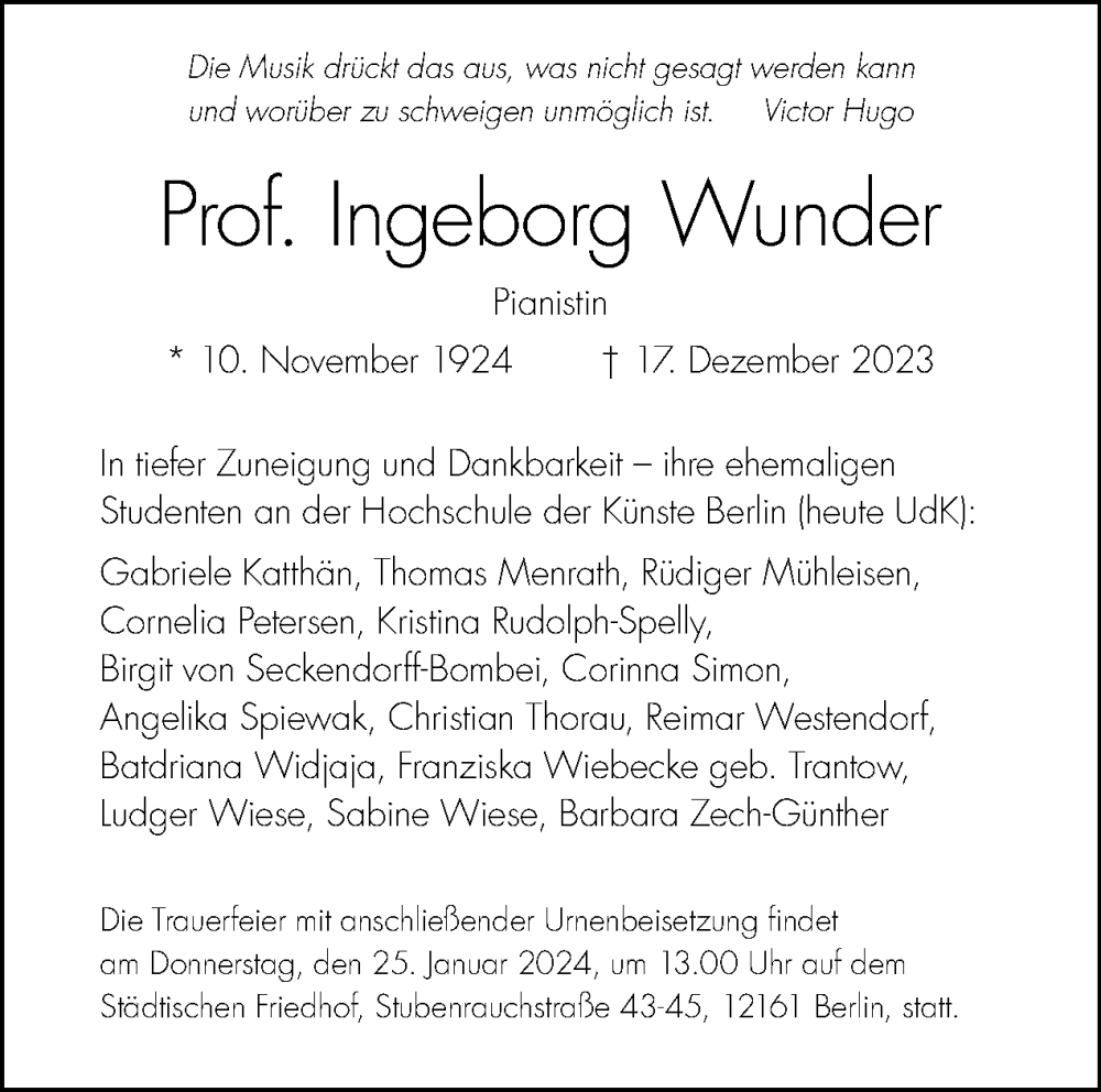  Traueranzeige für Ingeborg Wunder vom 14.01.2024 aus Tagesspiegel