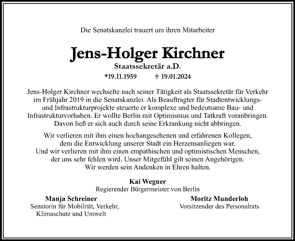  Traueranzeige für Jens-Holger Kirchner vom 28.01.2024 aus Tagesspiegel