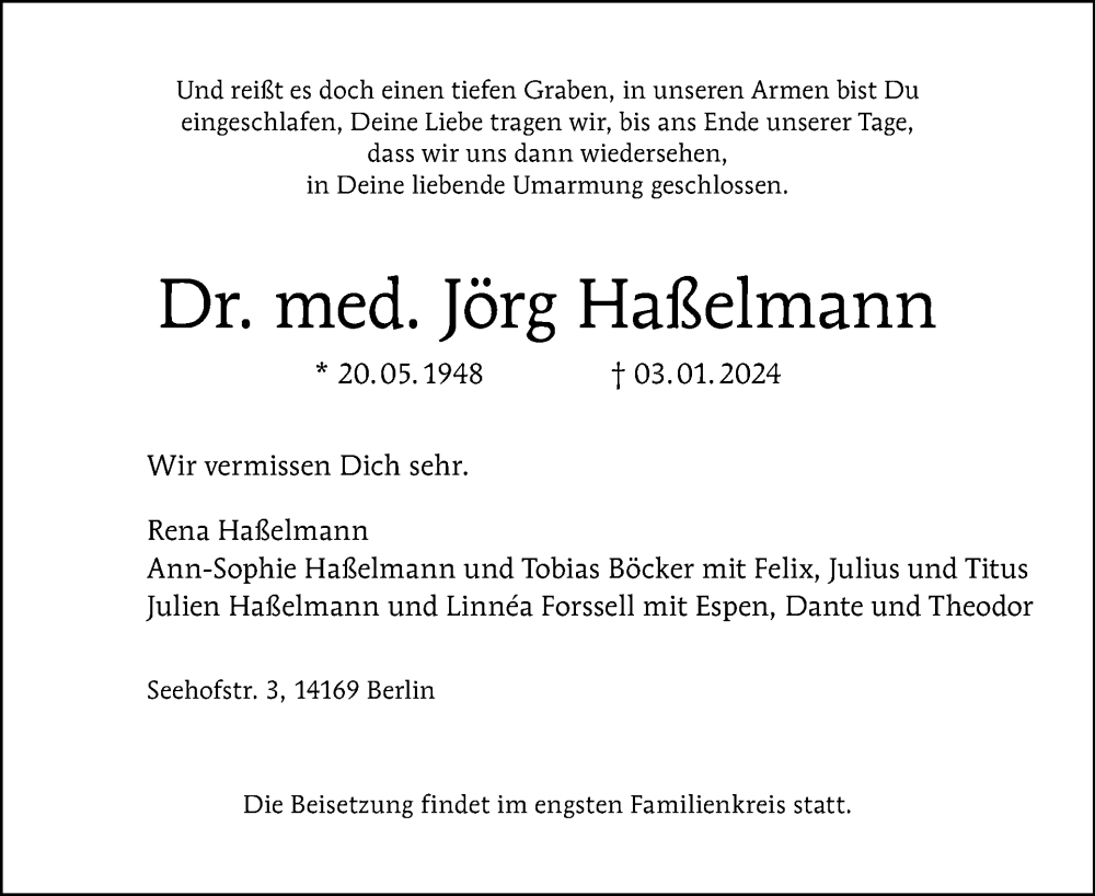  Traueranzeige für Jörg Haßelmann vom 14.01.2024 aus Tagesspiegel