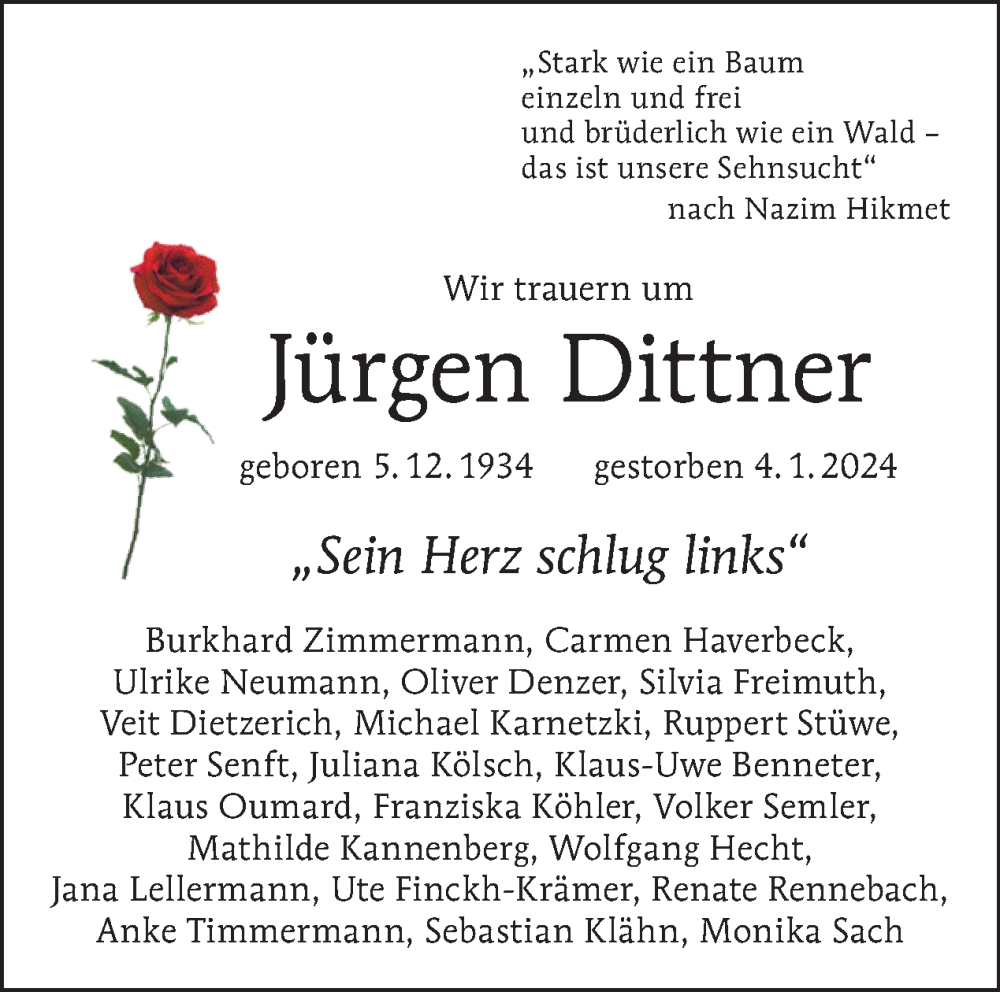  Traueranzeige für Jürgen Dittner vom 14.01.2024 aus Tagesspiegel