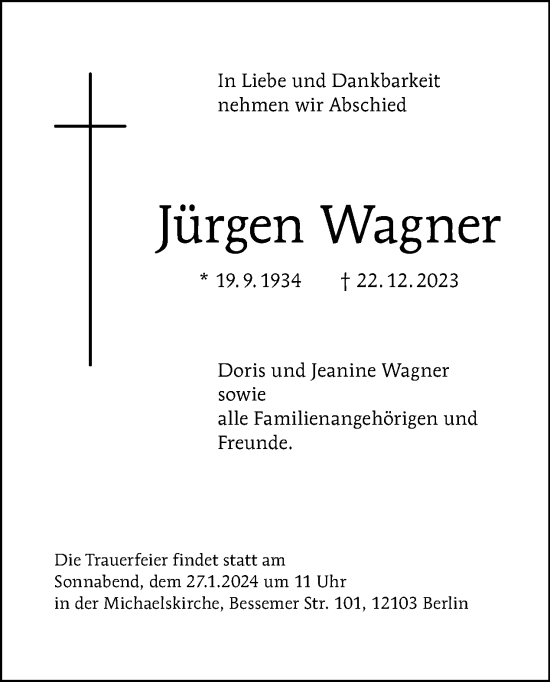 Traueranzeige von Jürgen Wagner von Tagesspiegel