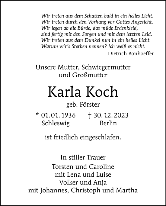 Traueranzeige von Karla Koch von Tagesspiegel