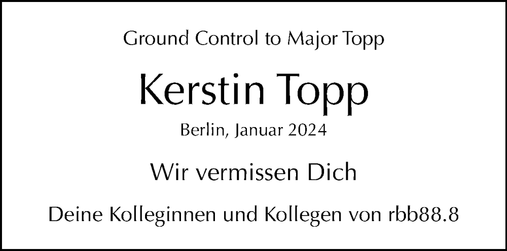  Traueranzeige für Kerstin Topp vom 21.01.2024 aus Tagesspiegel